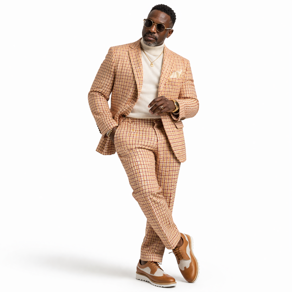 Inserch Men’s Premium Cotton Houndstooth Check Suit – Rust Multi