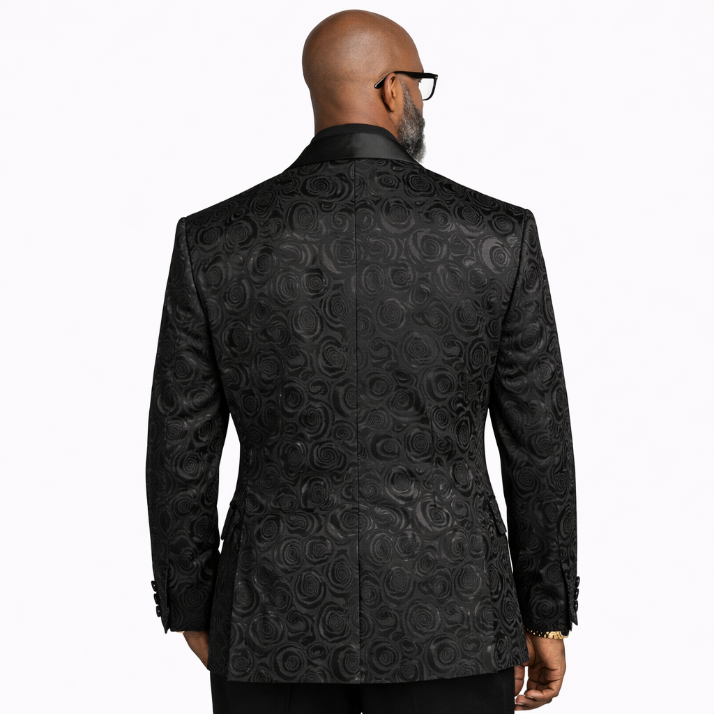 Men’s Floral Jacquard Shawl Lapel Blazer with Matching Bow Tie – Formal Tuxedo Jacket – Black