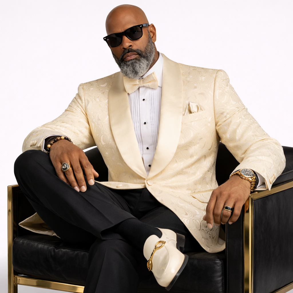 Men’s Floral Jacquard Shawl Lapel Blazer with Matching Bow Tie – Formal Tuxedo Jacket – Champagne