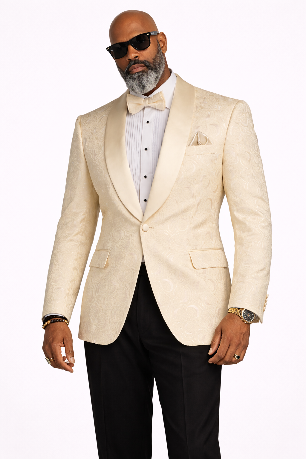 Men’s Floral Jacquard Shawl Lapel Blazer with Matching Bow Tie – Formal Tuxedo Jacket – Champagne