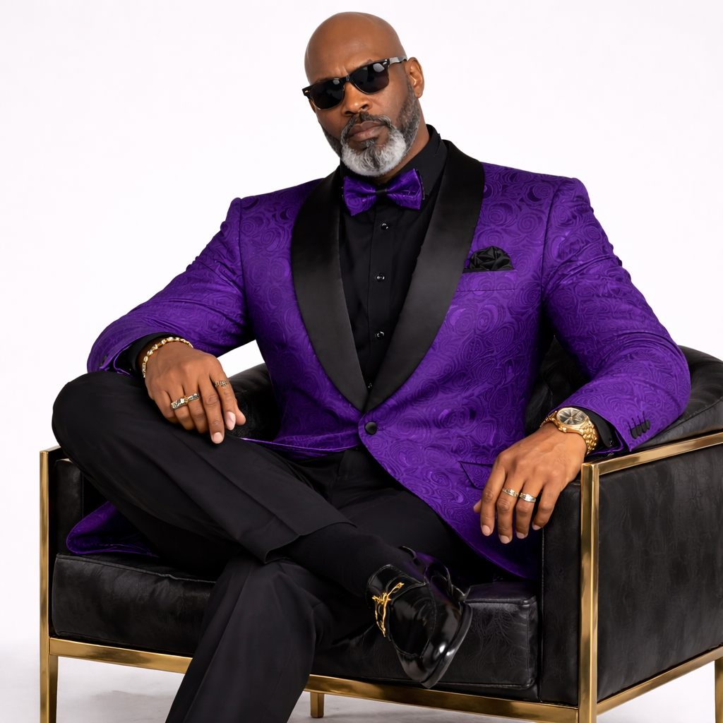 Men’s Floral Jacquard Shawl Lapel Blazer with Matching Bow Tie – Formal Tuxedo Jacket – Purple