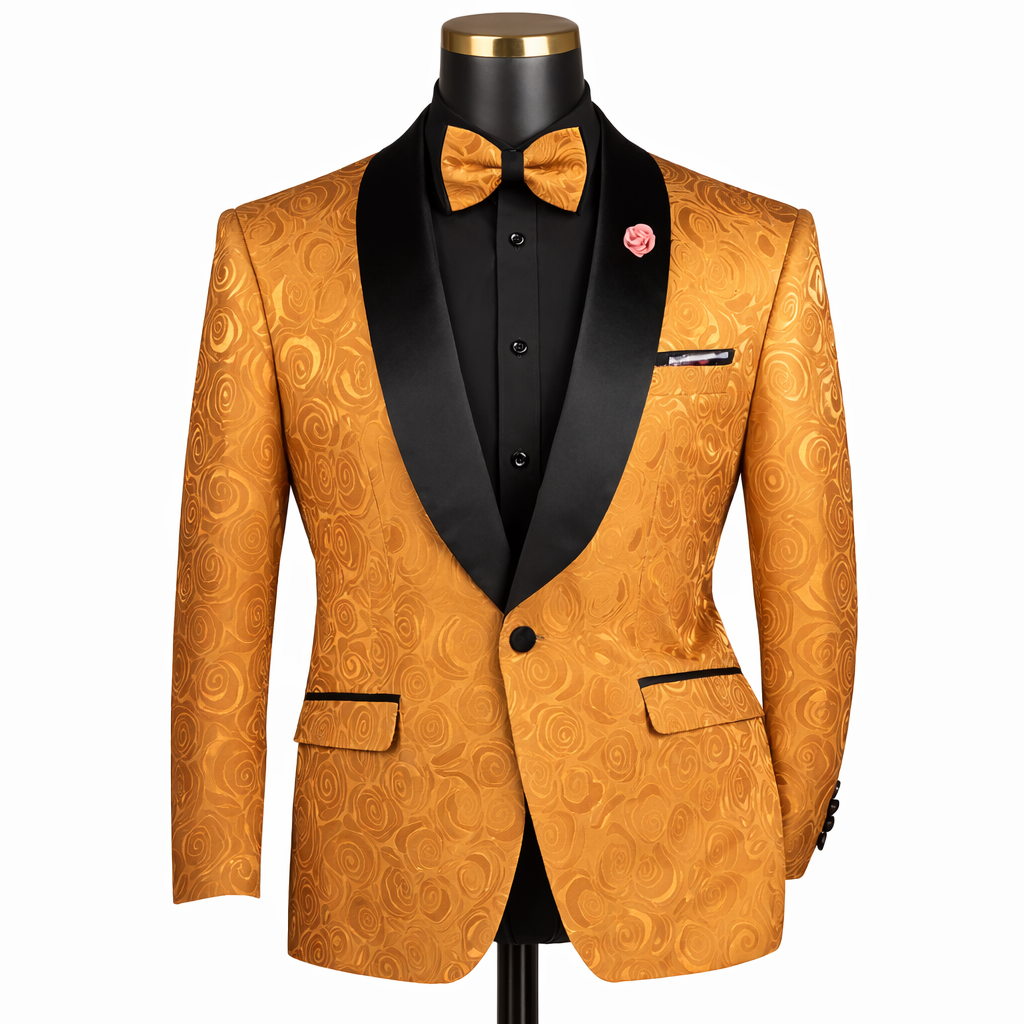 Men’s Floral Jacquard Shawl Lapel Blazer with Matching Bow Tie – Formal Tuxedo Jacket – Gold