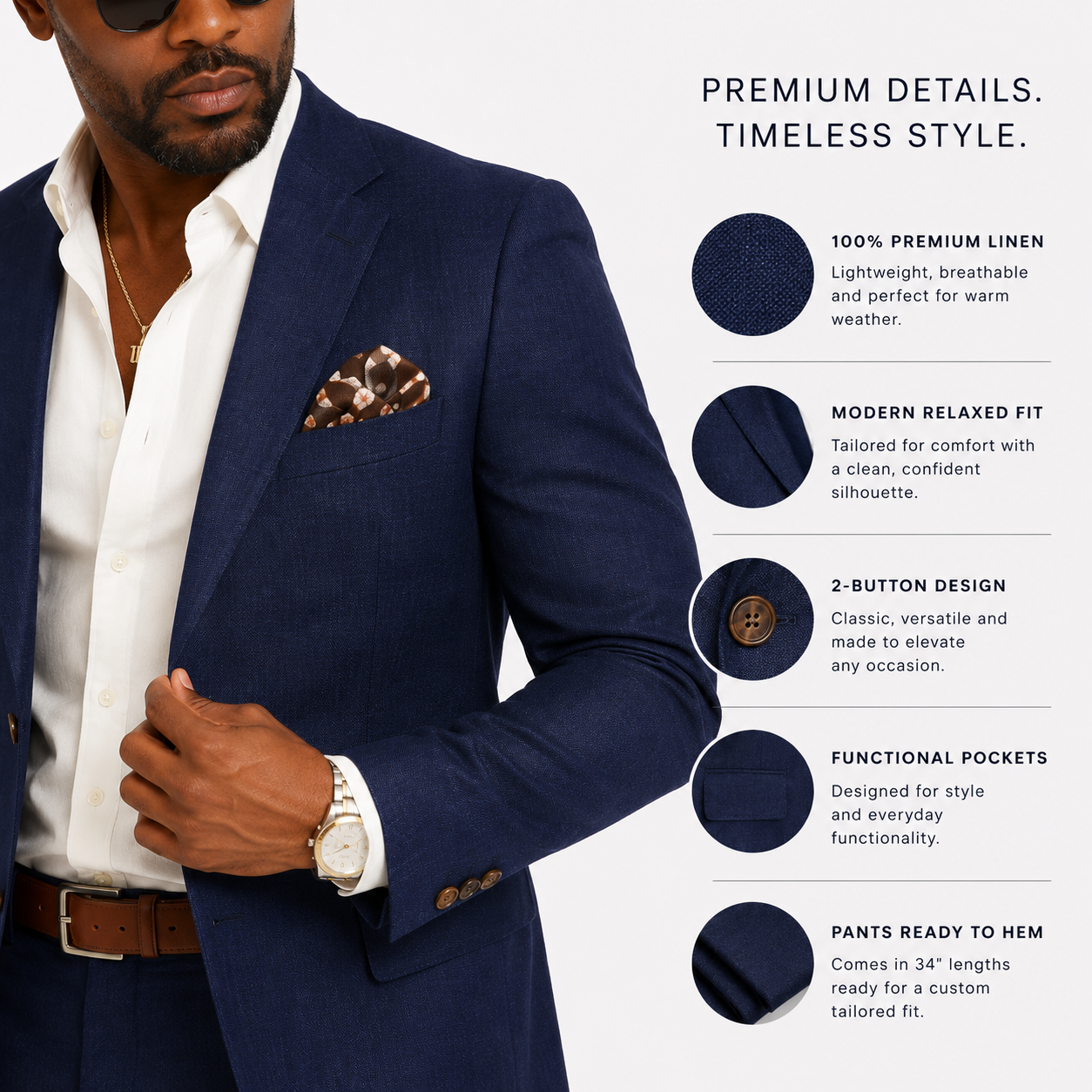 Inserch Men's Premium Linen Suit Navy