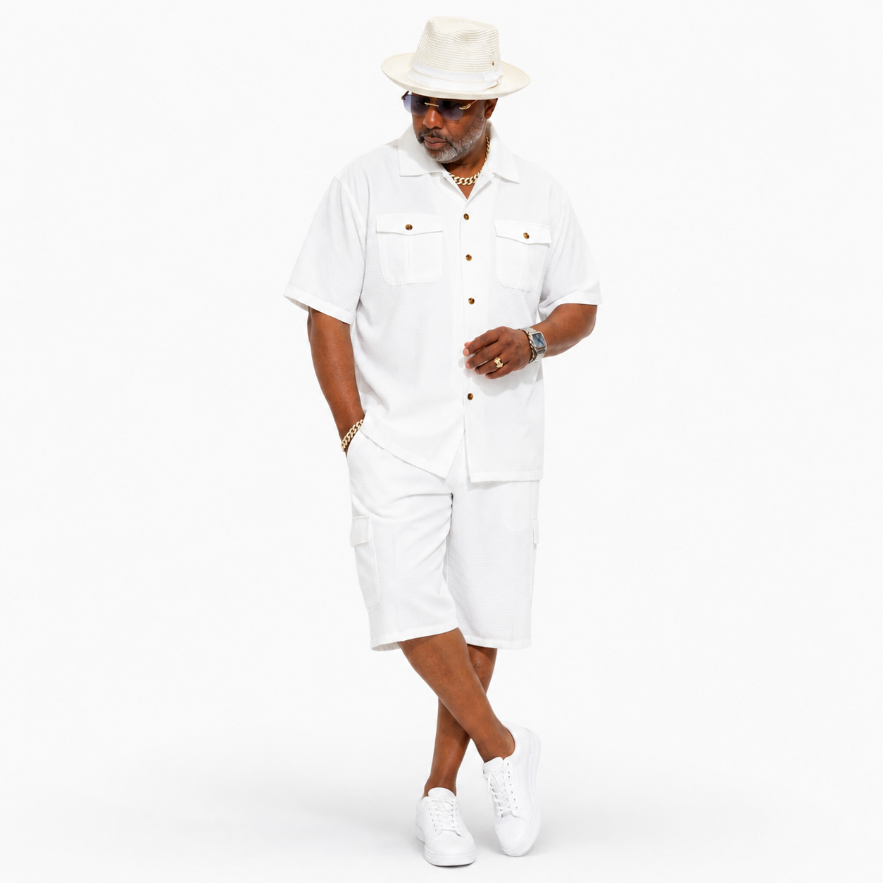 Lanzino Cargo Textured Short Set (White) 3123L
