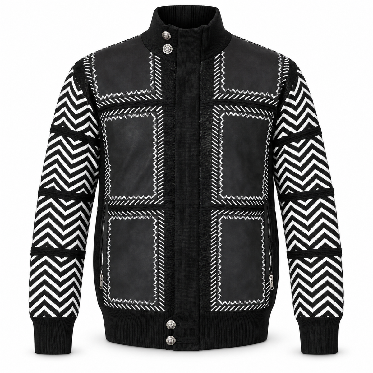 Silversilk Men’s Patchwork Full-Zip Sweater Jacket: Black