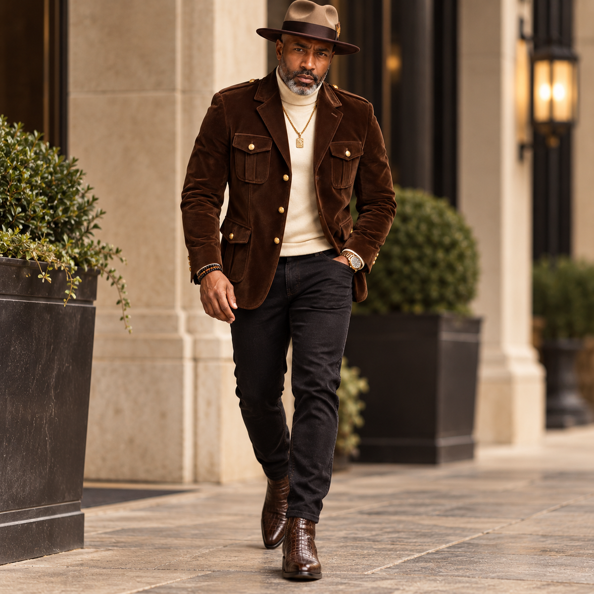 Inserch Men’s Velveteen Suede Military Blazer BL-569 Brown