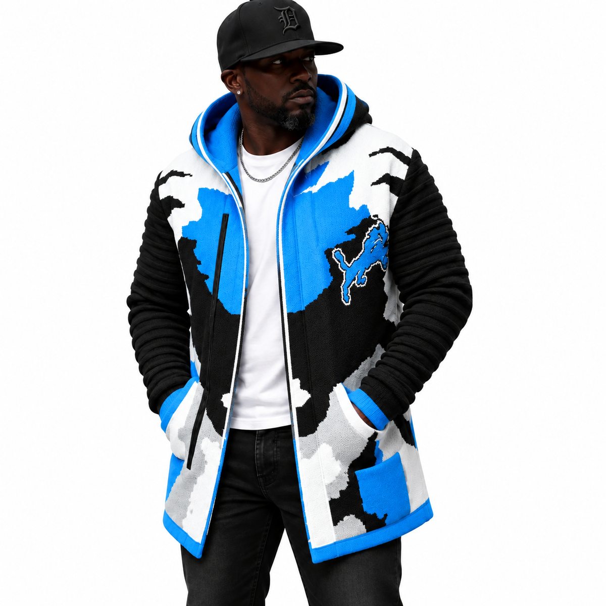 Detroit Camo 3/4 Length Sweater Jacket – Black Blue Gray White