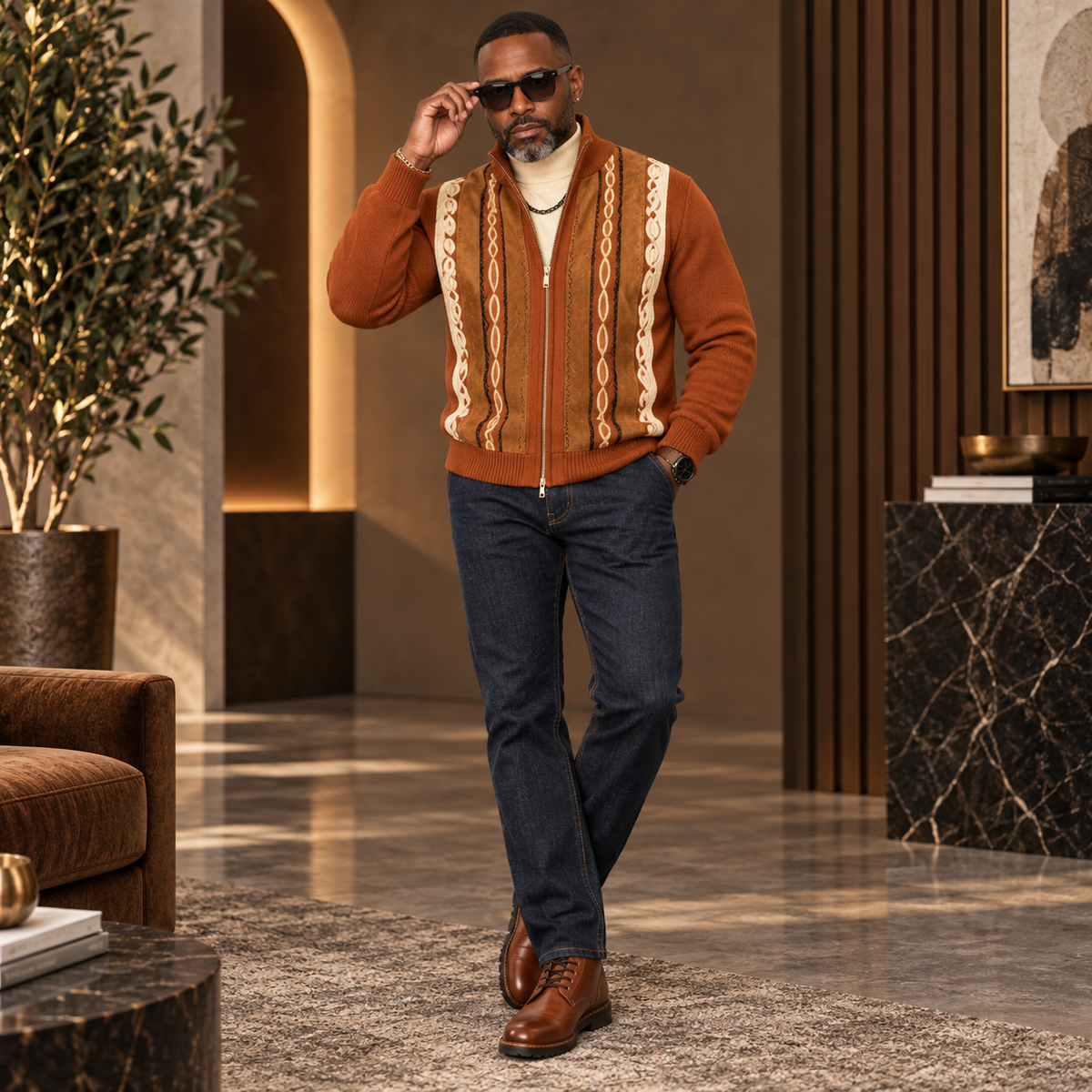 Silversilk Men’s Heritage Stripe Full-Zip Sweater Jacket: Rust Cognac