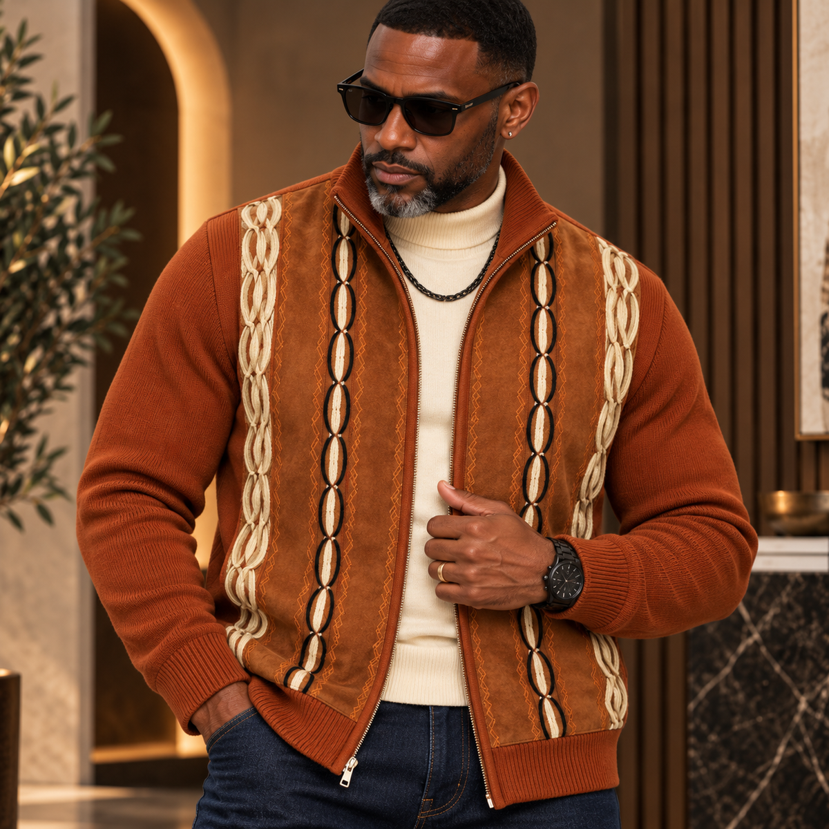 Silversilk Men’s Heritage Stripe Full-Zip Sweater Jacket: Rust Cognac