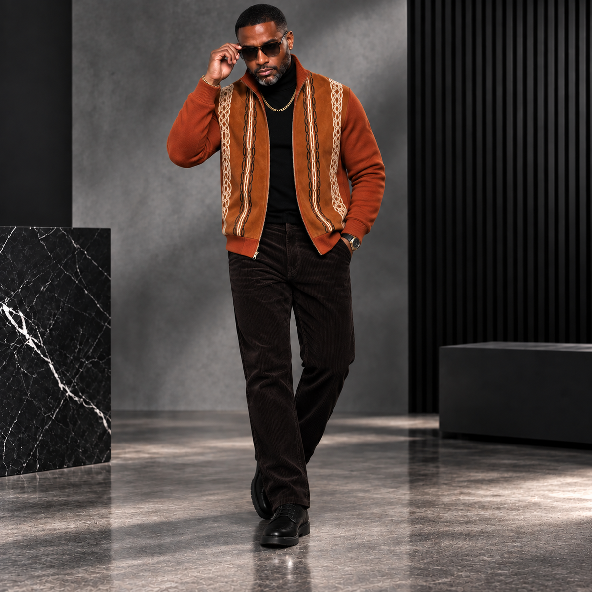 Silversilk Men’s Heritage Stripe Full-Zip Sweater Jacket: Rust Cognac