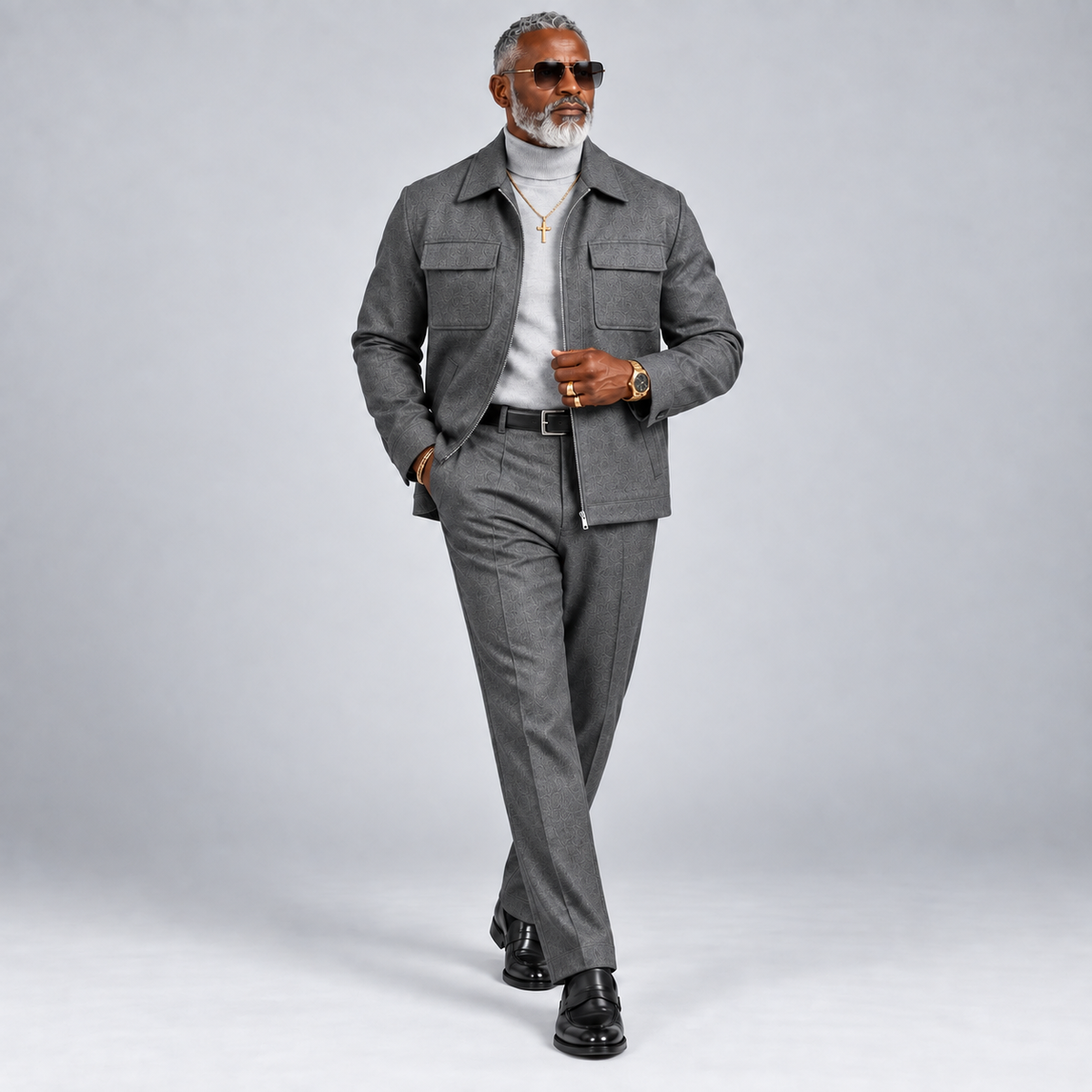 Robert Lewis Signature Zip-Front Jacket Pant Set - Gray