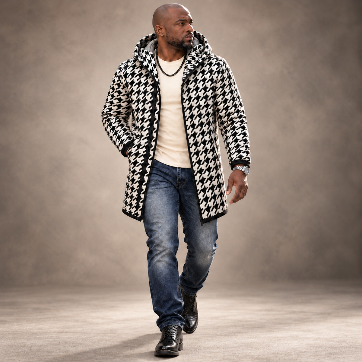 OIM Houndstooth Cardigan 3/4 Length Sweater Jacket Black/White