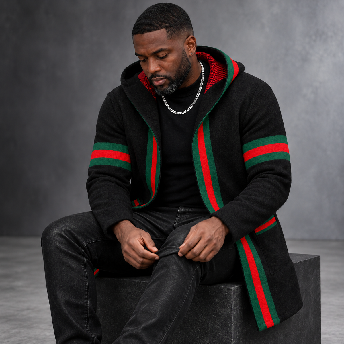 OIM Designer Cardigan 3/4 Length Sweater Jacket (Black/Red)