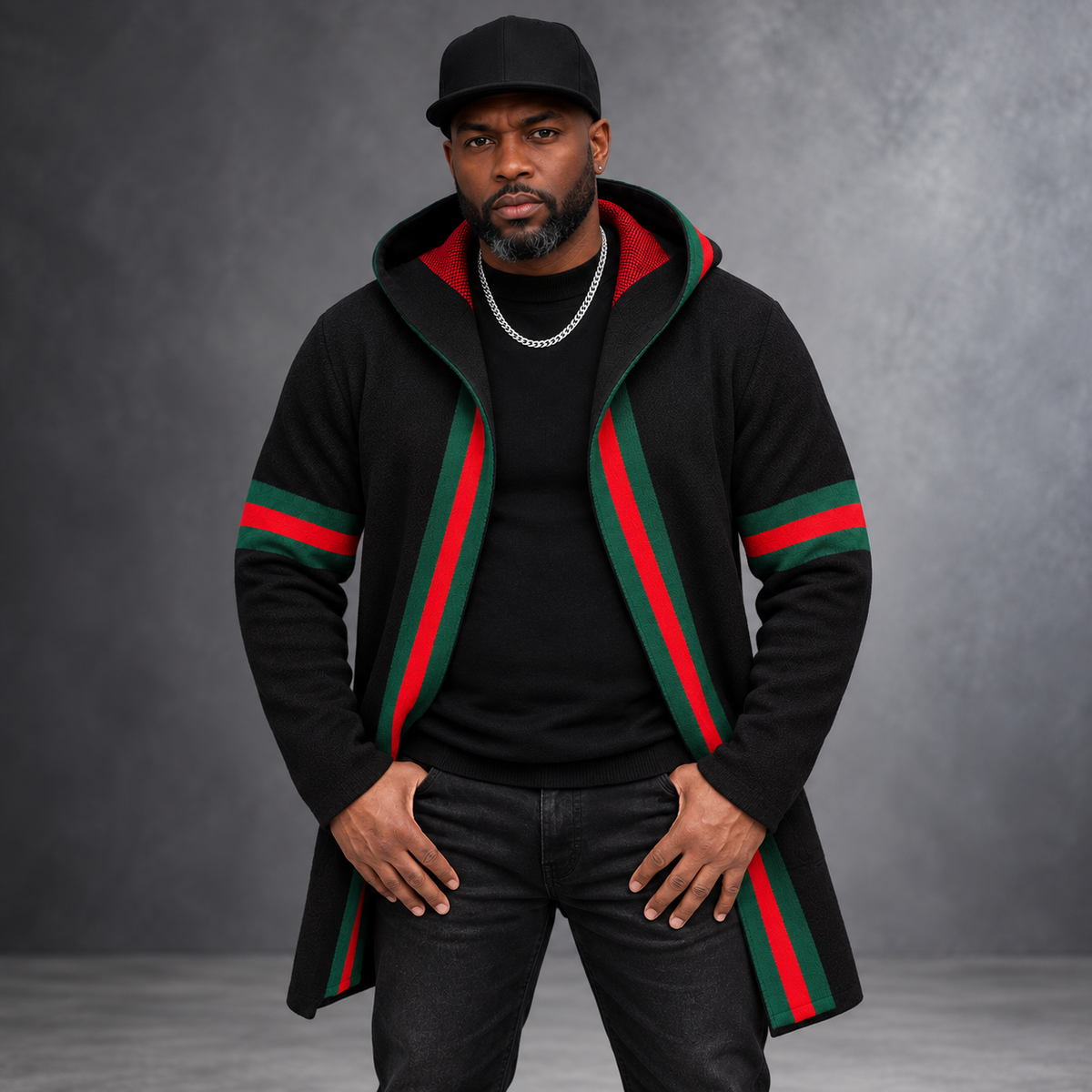 OIM Designer Cardigan 3/4 Length Sweater Jacket (Black/Red)