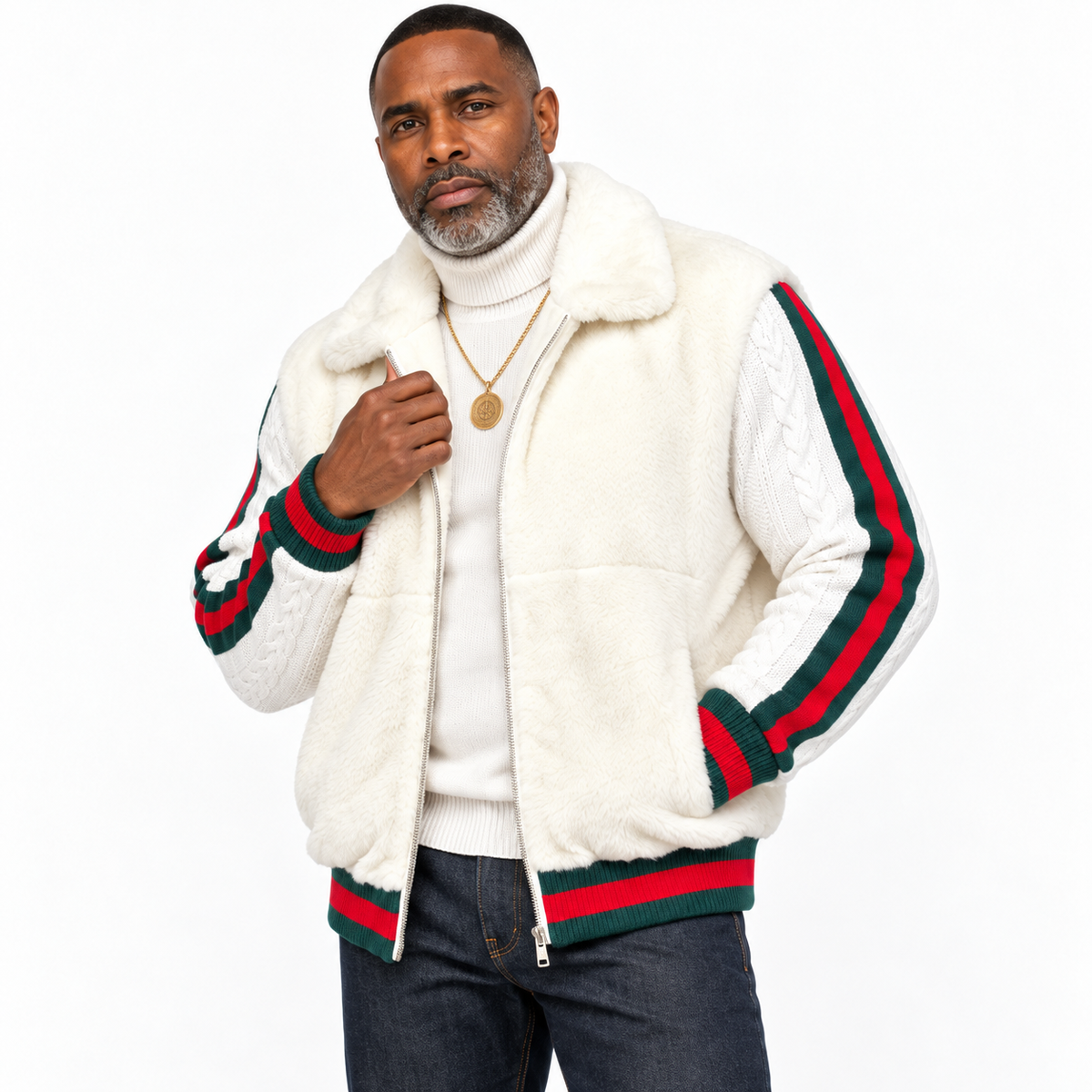 Prestige Fur Bomber Sweater Jacket (White/Red/Green) 175