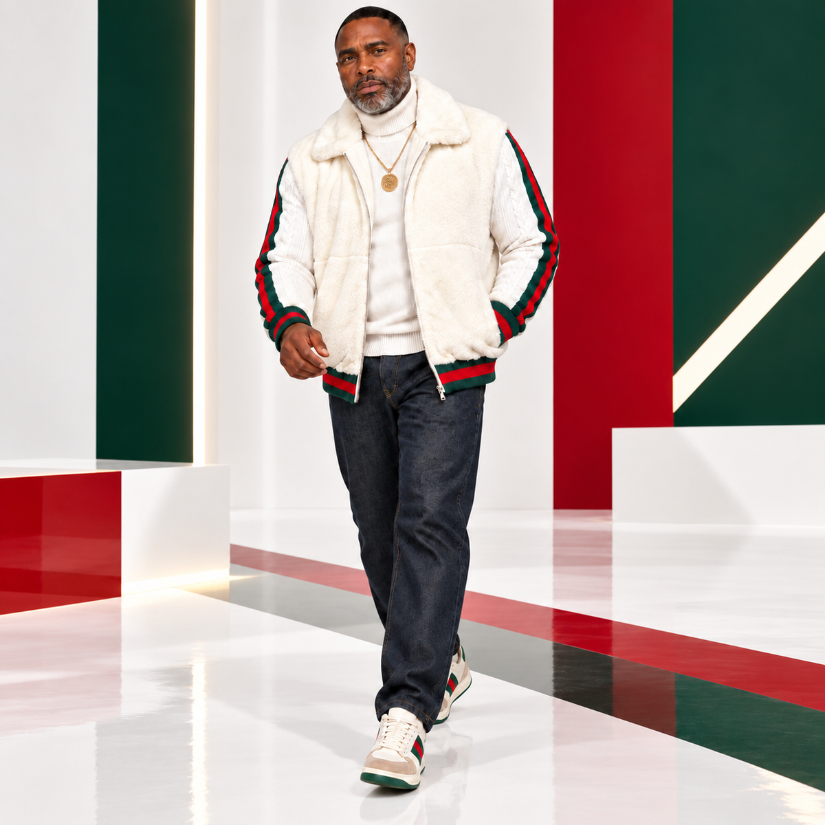 Prestige Fur Bomber Sweater Jacket (White/Red/Green) 175