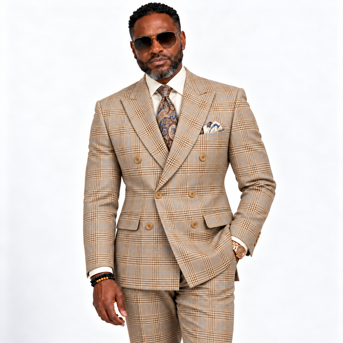 Men’s Regular Fit Double Breasted Plaid Suit with Flat Front Pants and Side Vents – Beige - DRW-2B
