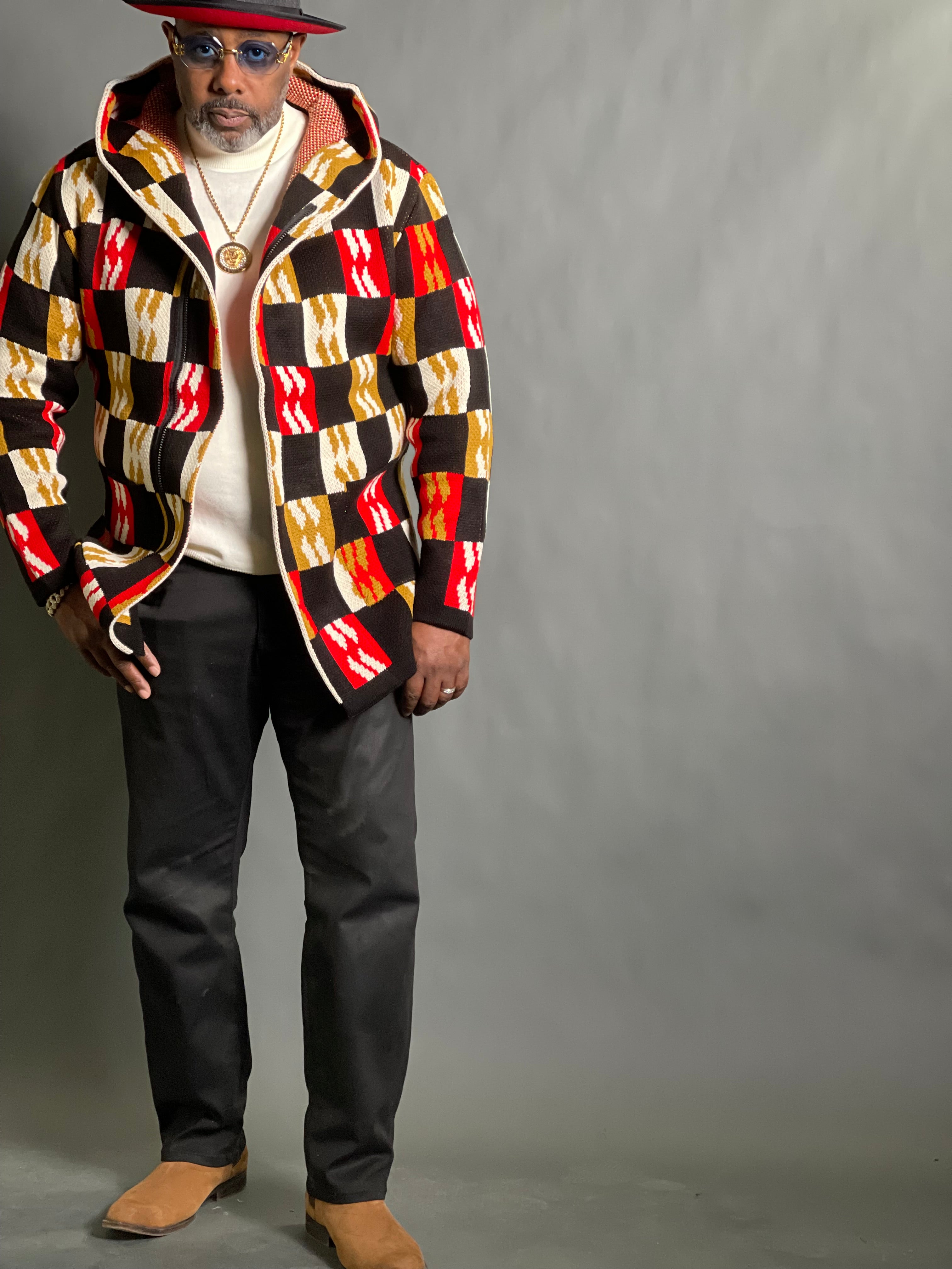 OIM "Rensen" Cardigan 3/4 Length Sweater Jacket (Black/Tan/Red)