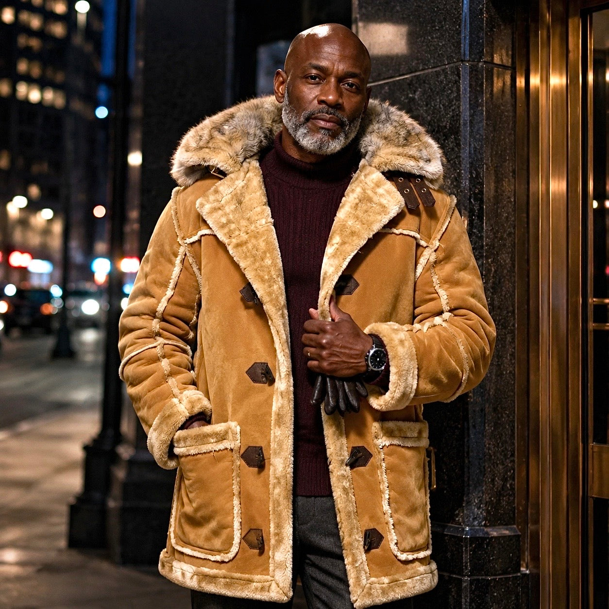 Jordan Craig Men’s Shearling Detachable Hooded Coat – Cognac