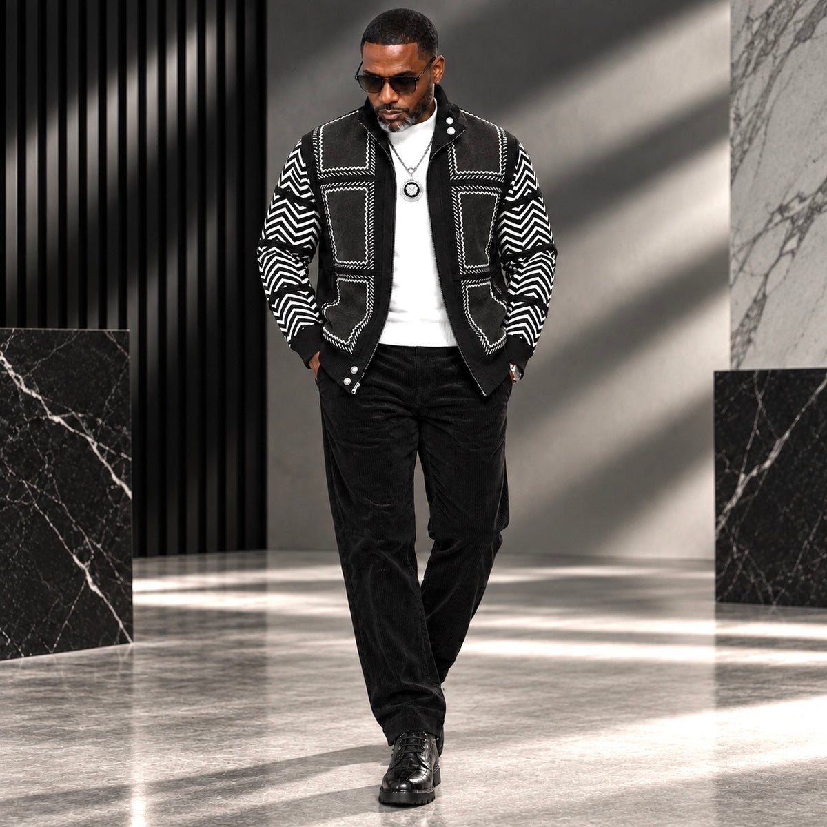 Silversilk Men’s Patchwork Full-Zip Sweater Jacket: Black