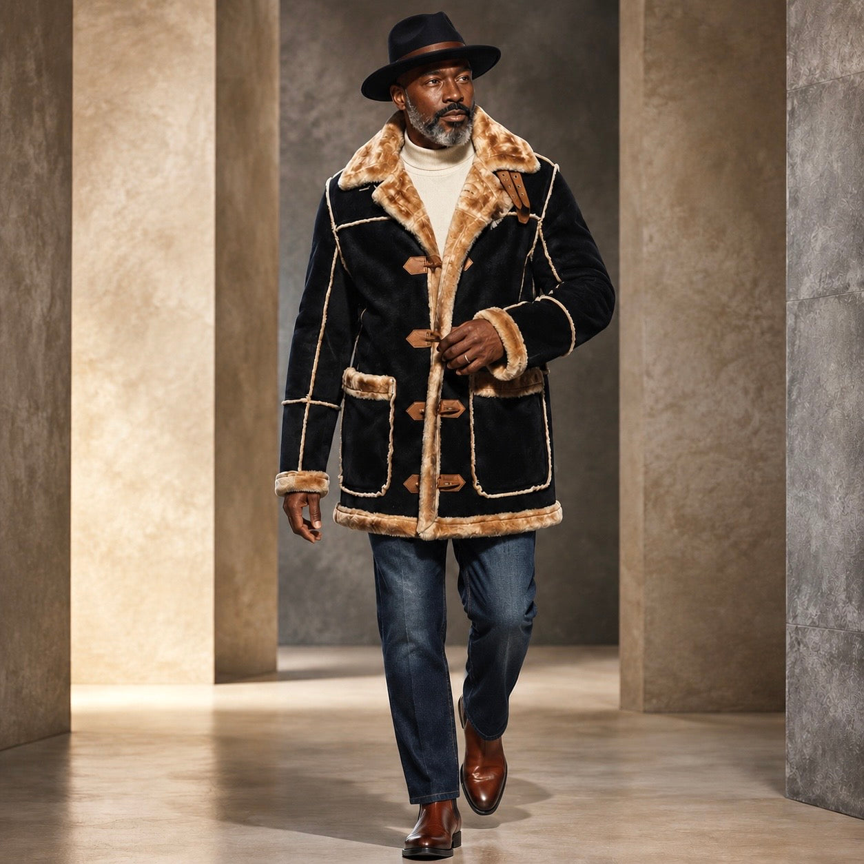 Jordan Craig Men’s Shearling Detachable Hooded Coat – Black Coffee