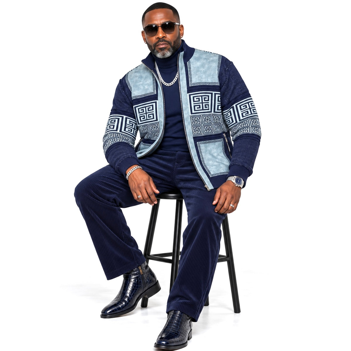 Silversilk Men’s Patchwork Sweater: 31003 Blue