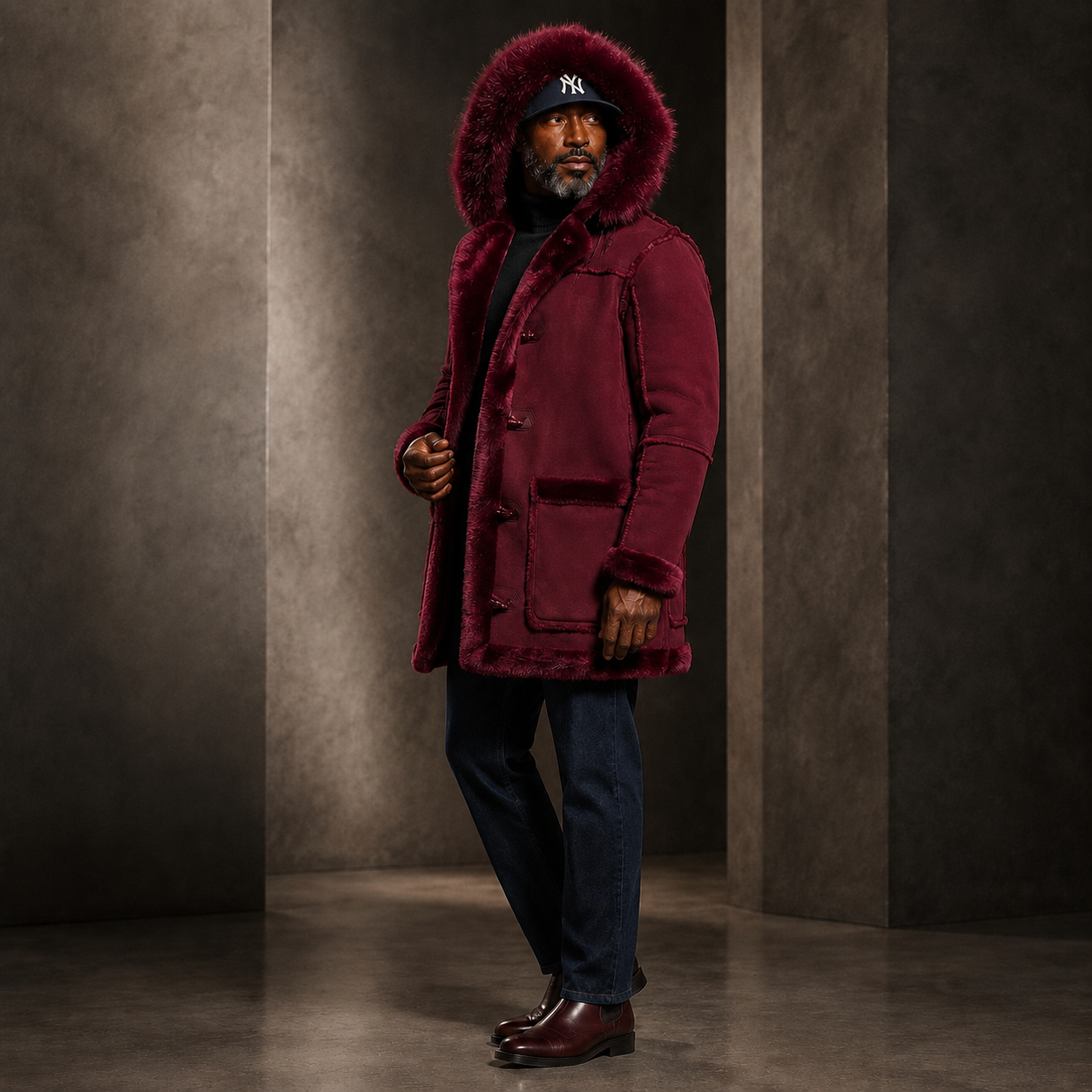 Jordan Craig Men’s Shearling Detachable Hooded Coat – Wine