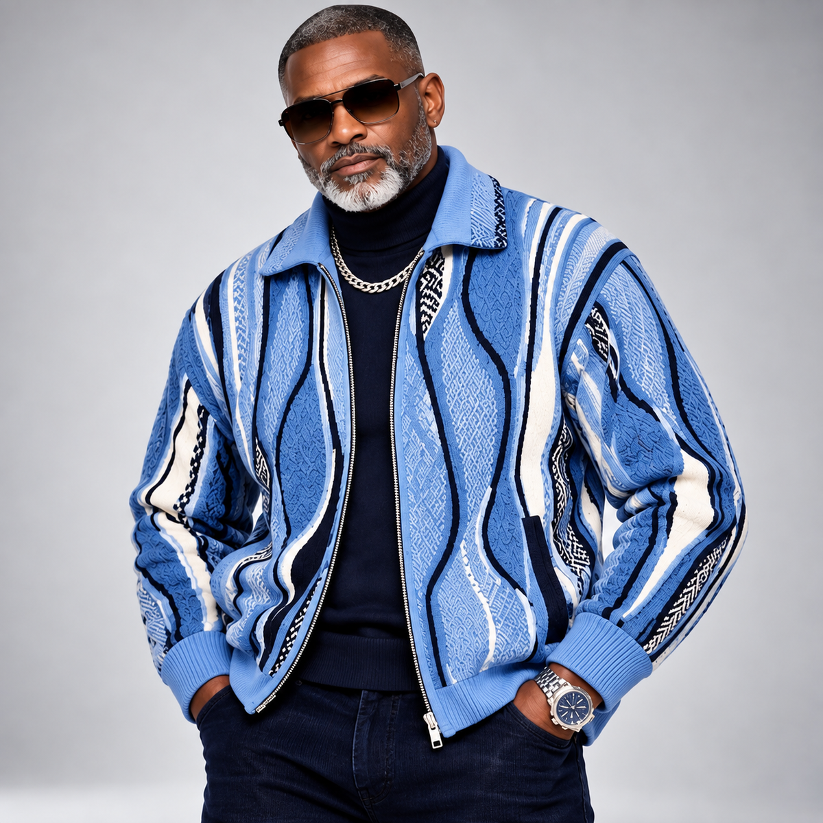 Silversilk Wool-Blend Full-Zip Sweater: Blue