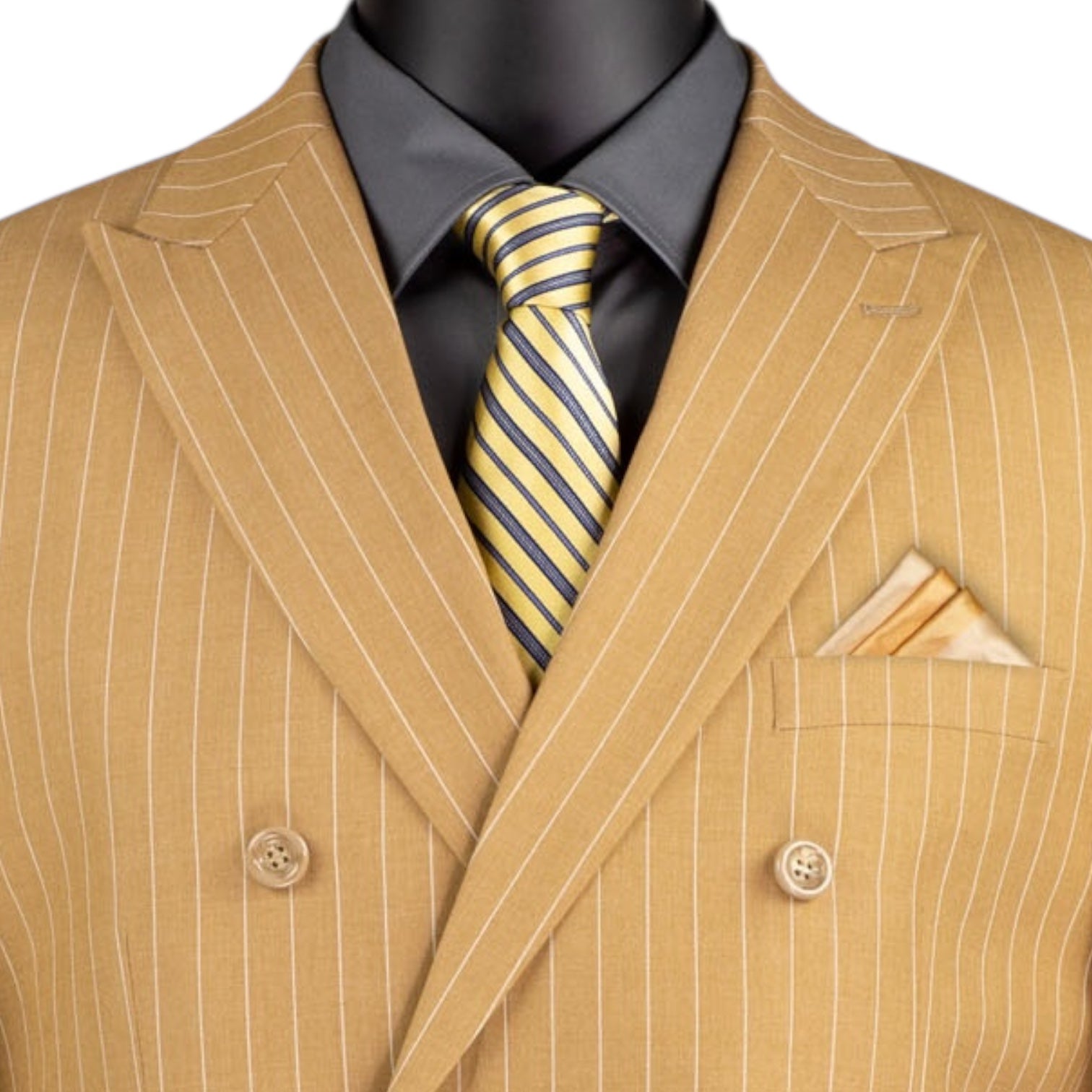 Men’s Double Breasted Pinstripe Suit – Camel Relaxed Fit 2 Piece FDSS