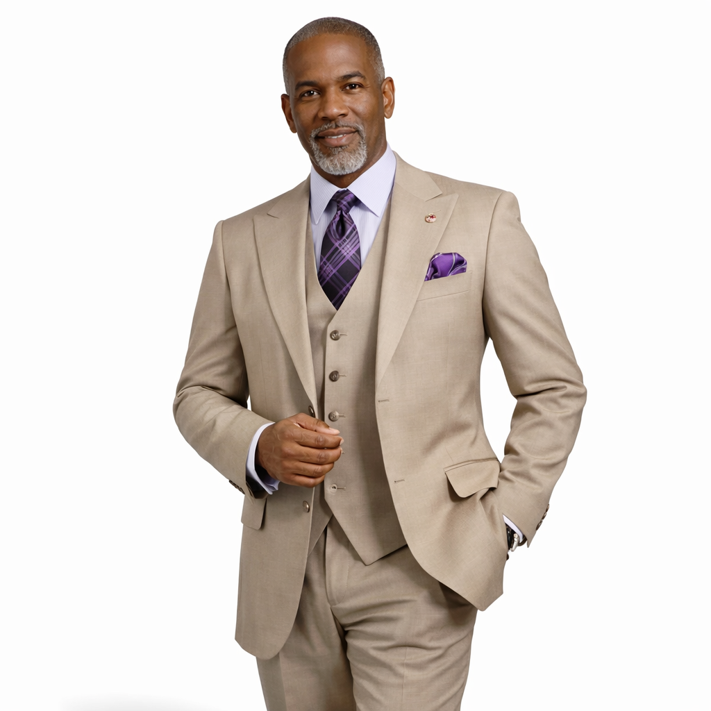 Men's Solid 3 Piece Suit – Oatmeal Regular Fit Vest V2RK-4