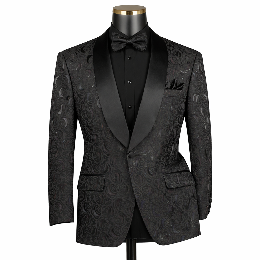 Men’s Floral Jacquard Shawl Lapel Blazer with Matching Bow Tie – Formal Tuxedo Jacket – Black