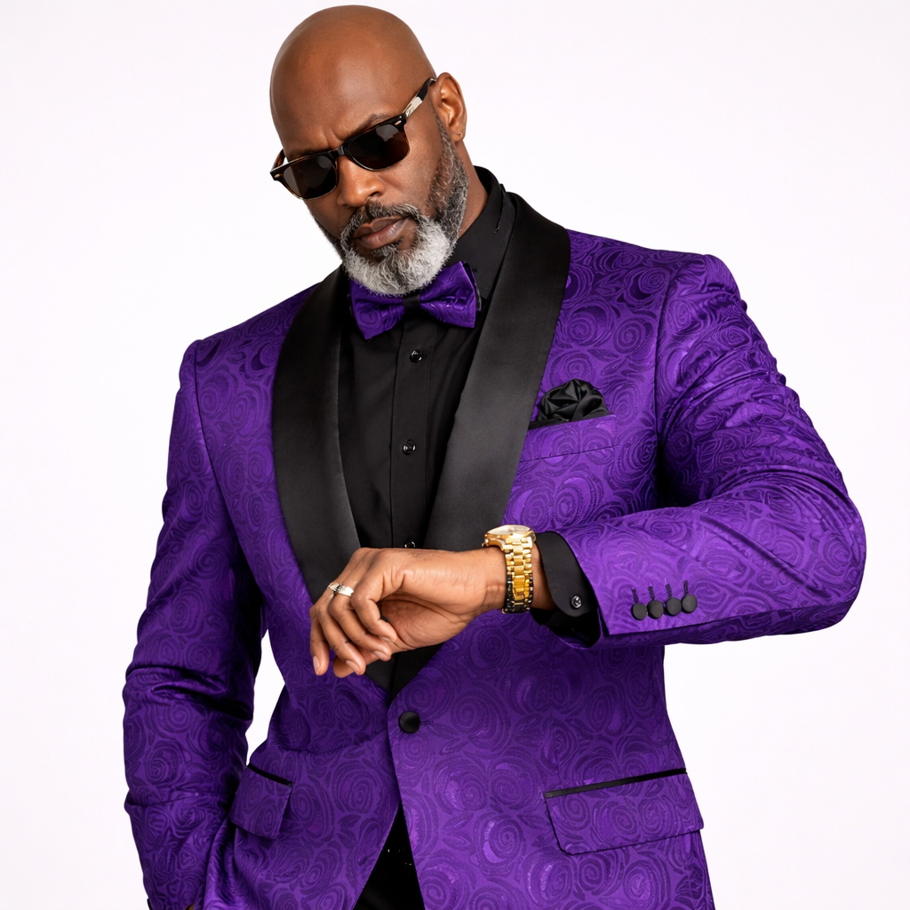 Men’s Floral Jacquard Shawl Lapel Blazer with Matching Bow Tie – Formal Tuxedo Jacket – Purple