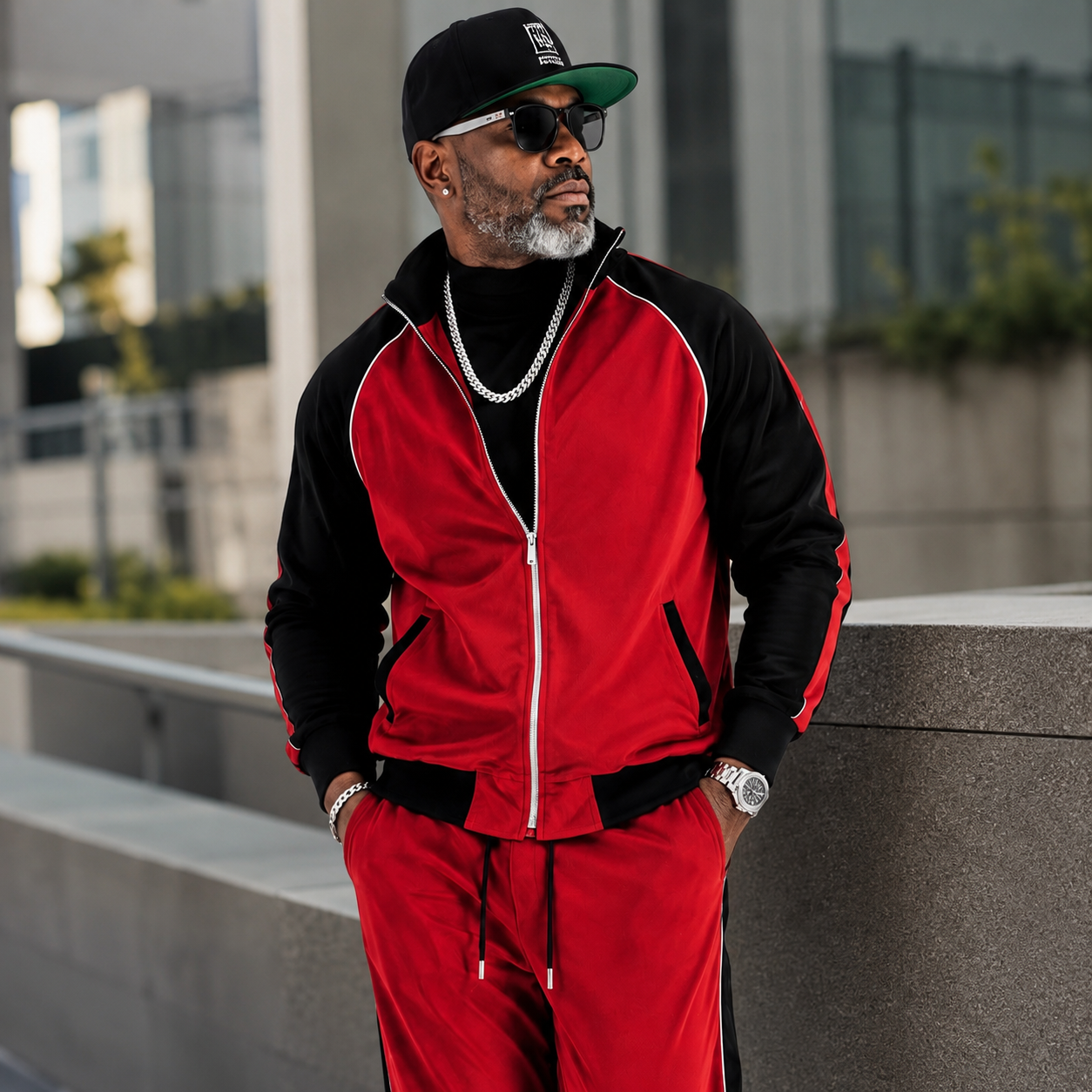 Inserch Men's Velour Track Jacket & Pant Set: Red/Black