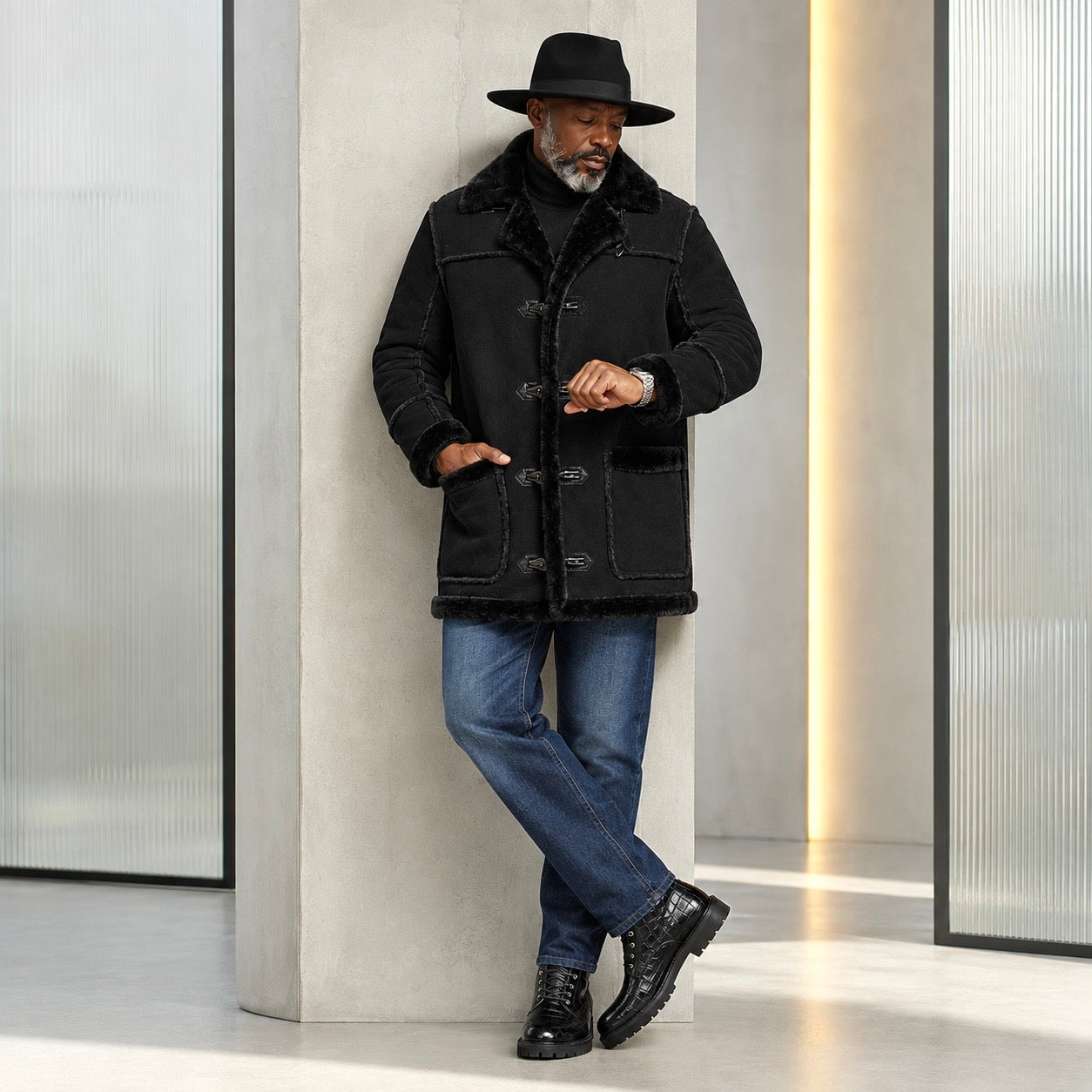 Jordan Craig Men’s Shearling Detachable Hooded Coat – Jet Black