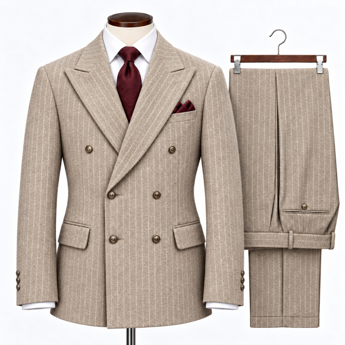Inserch Wool Blend DB Wide Stripe Suit - Stone