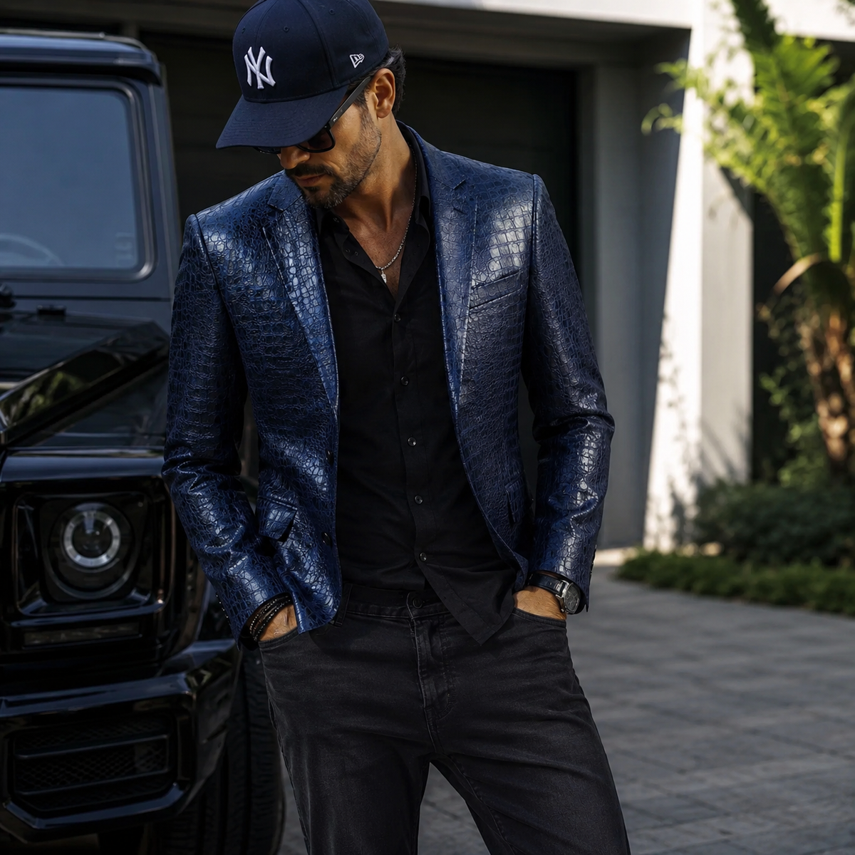 Men’s Croc Embossed Vegan Leather Blazer – Navy