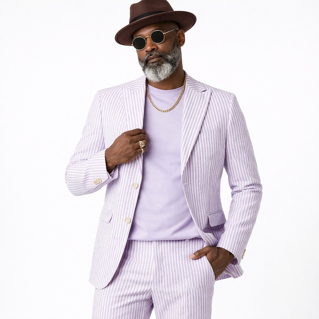 Inserch Men’s Premium Cotton Seersucker Stripe Suit – Purple