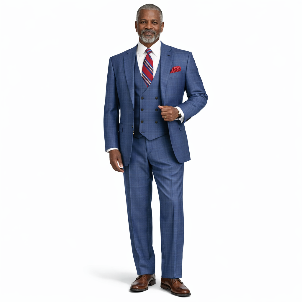 Men’s Glen Plaid 3 Piece Suit – Oxford Blue Regular Fit Double Breasted Vest V2RW7