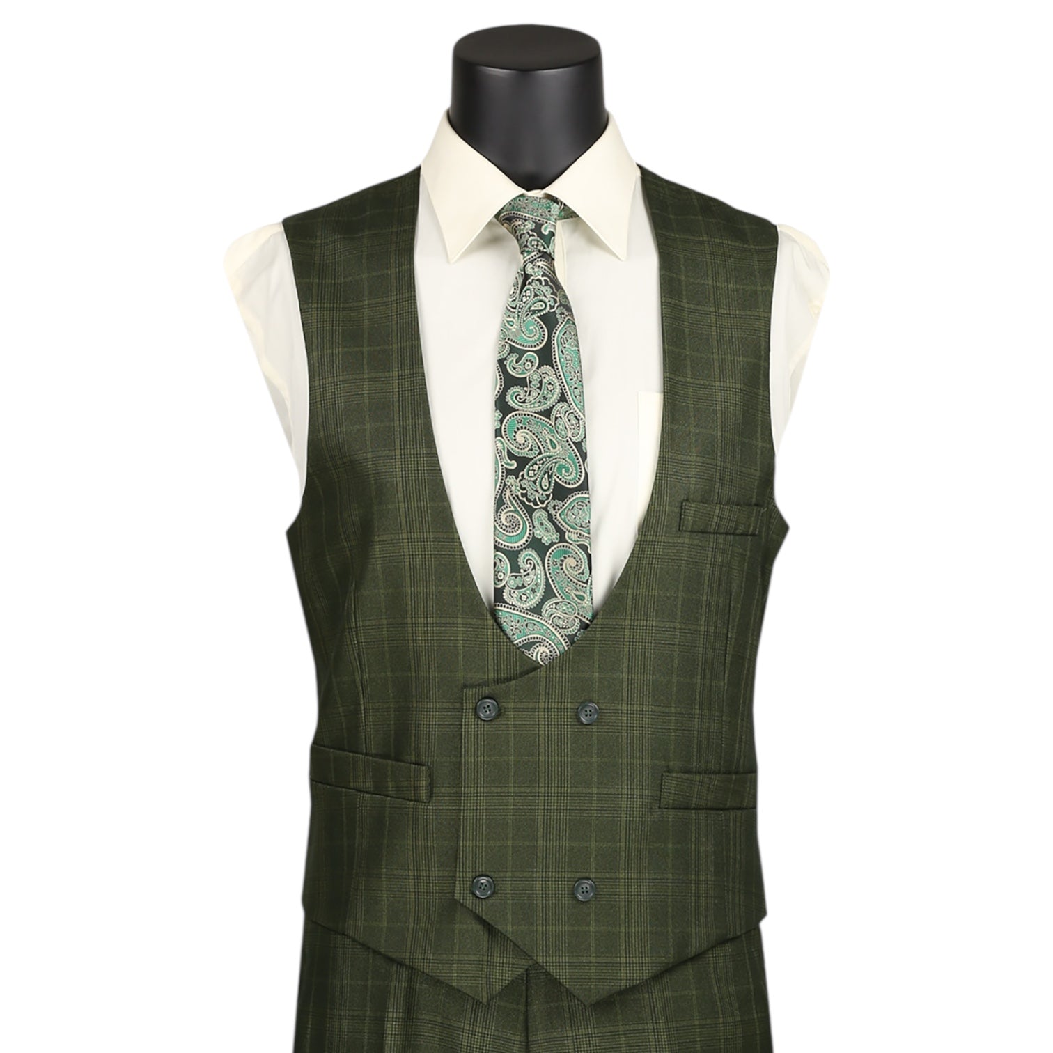 Men’s Glen Plaid 3 Piece Suit – Olive Regular Fit Double Breasted Vest V2RW7