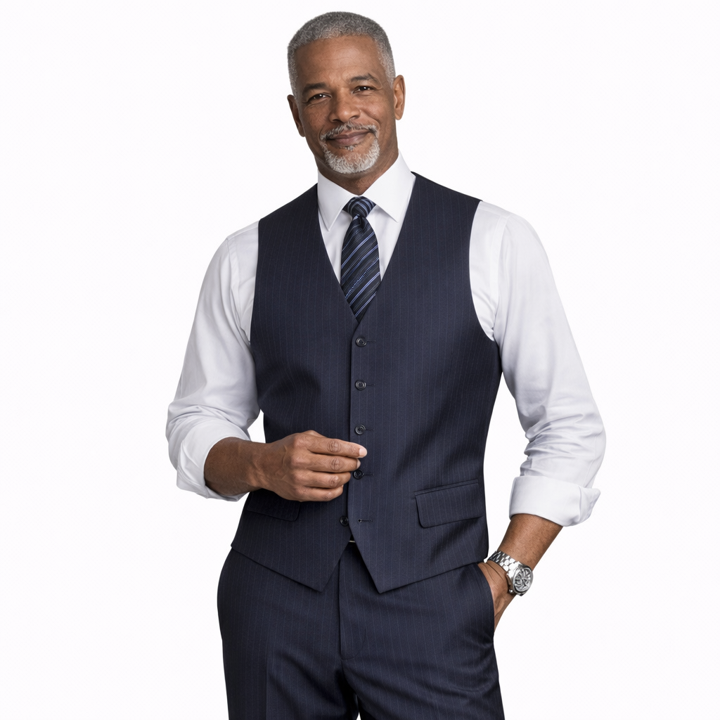Men’s Shadow Stripe 3 Piece Suit – Navy Blue Regular Fit Vest V2RS-7