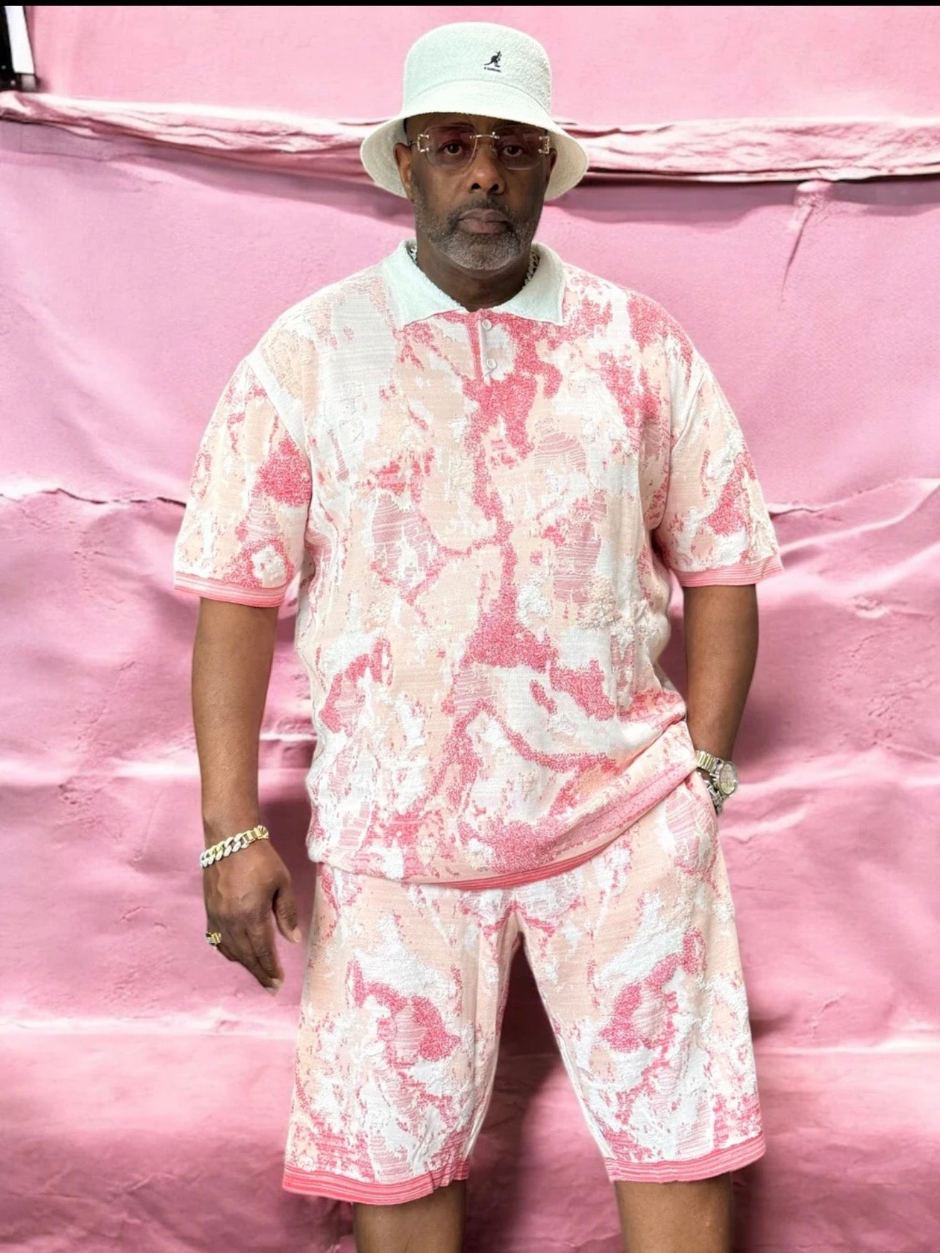 Men’s Jacquard Shorts Set – Relaxed Fit – Pink 91031