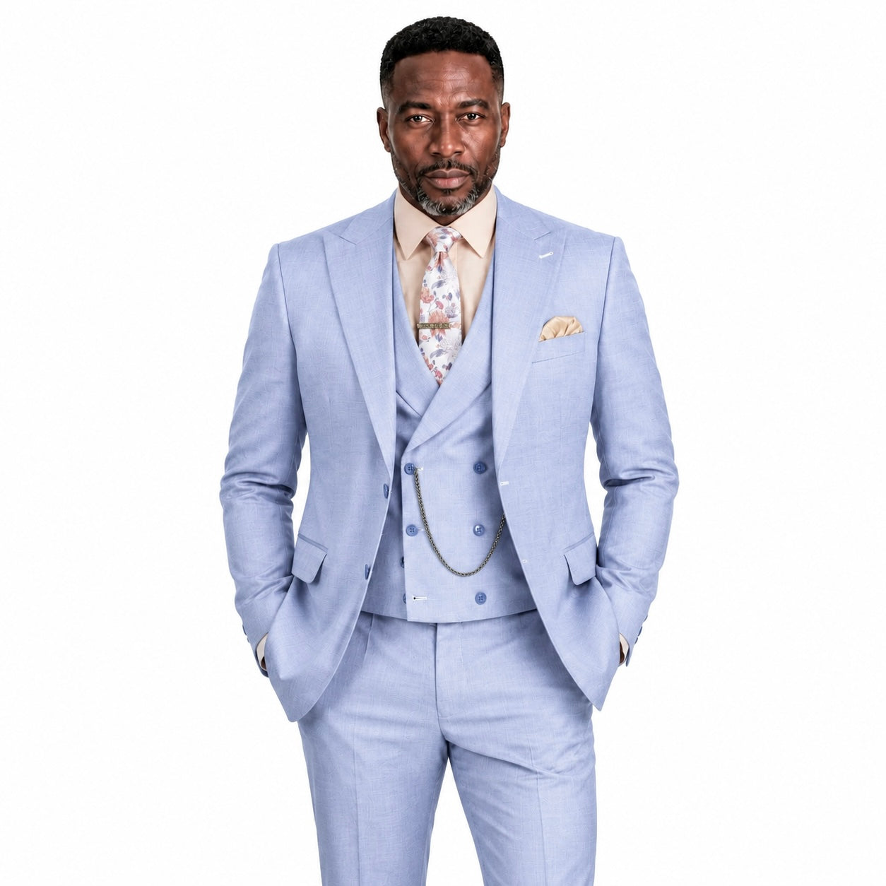 Men’s Modern Fit Summer 3-Piece Suit with Double-Breasted Vest – Light Blue MV2K-2