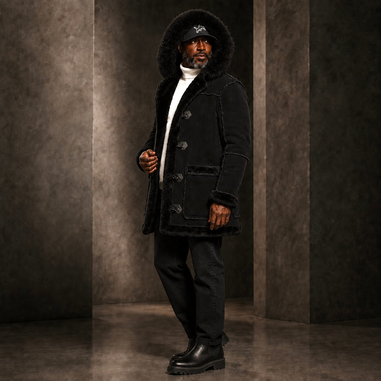 Jordan Craig Men’s Shearling Detachable Hooded Coat – Jet Black