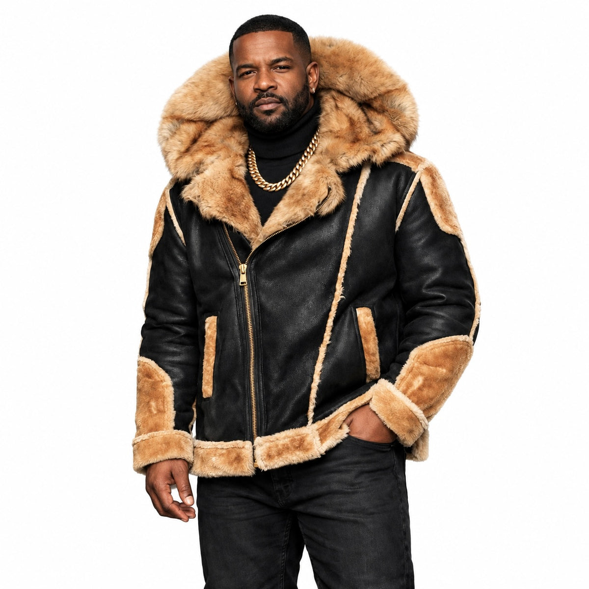 Men’s Faux Suede Motto Jacket with Faux Shearling Lining & Detachable Fur Hood – Black Coffee | Jordan Craig