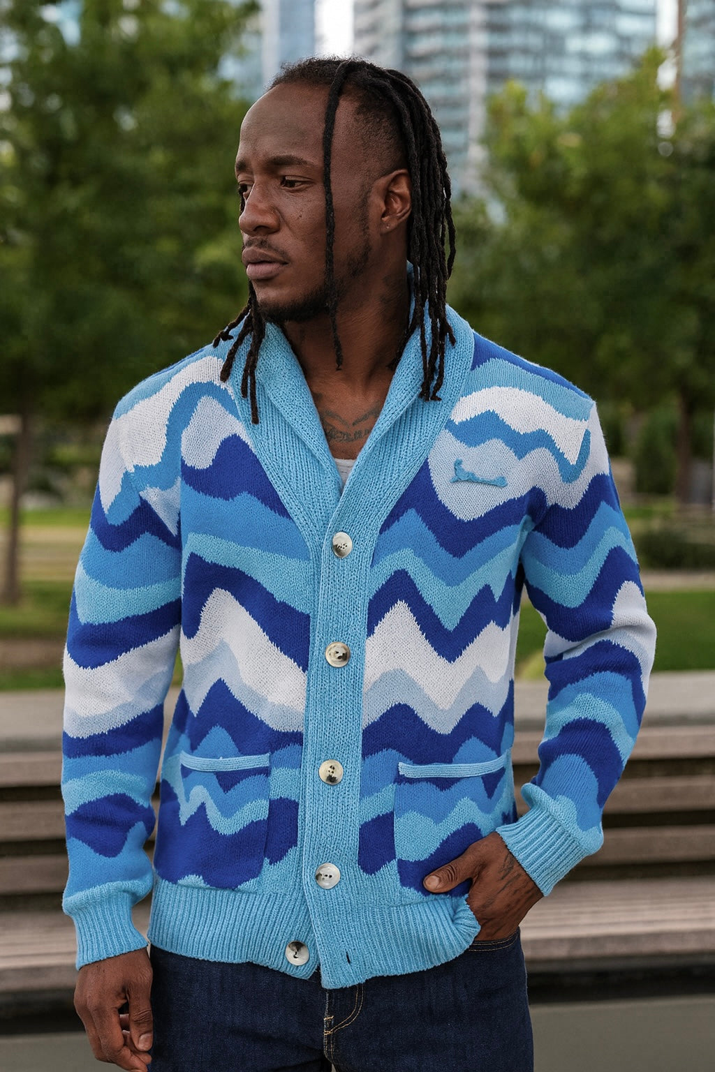 Brooks Shawl Cardigan (Blue/White) OIM