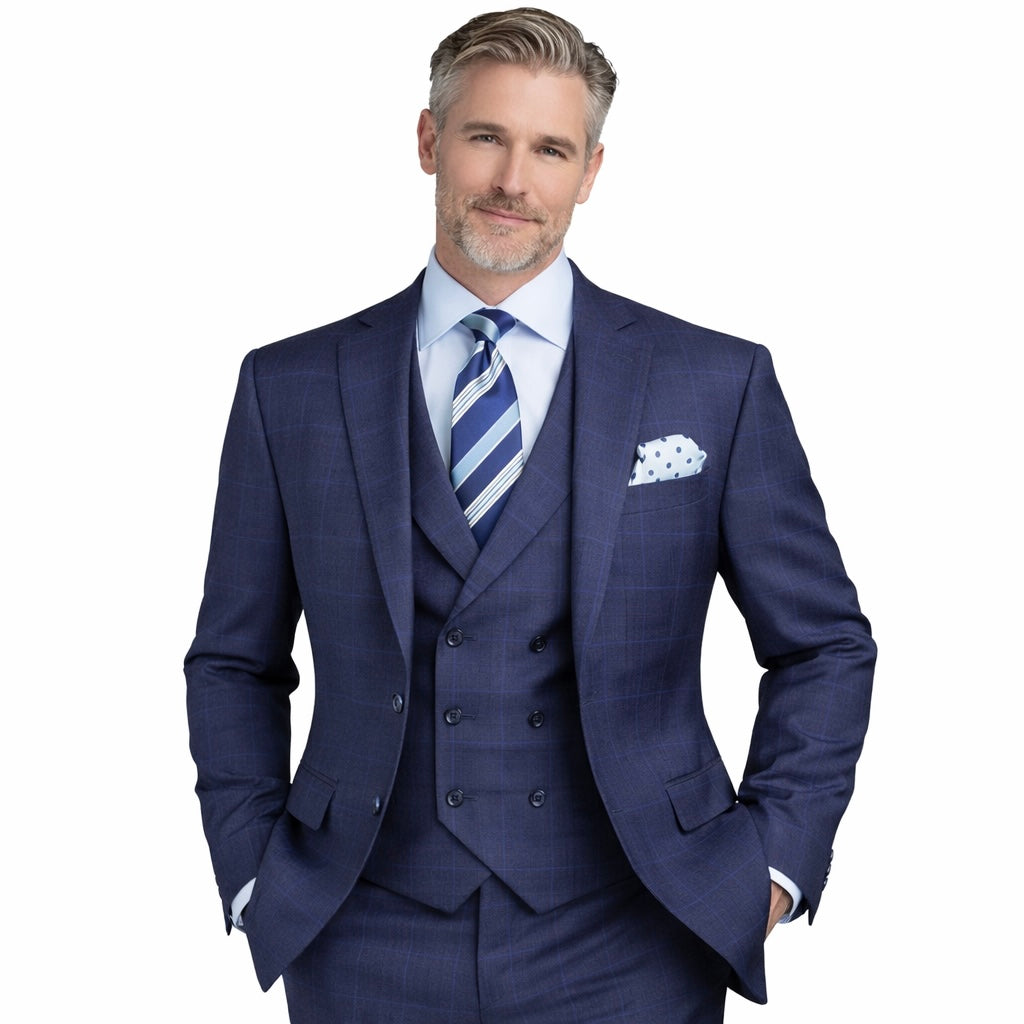 Mens Navy Windowpane Regular Fit 3 Piece Suit with Double Breasted Vest - V2RW 13