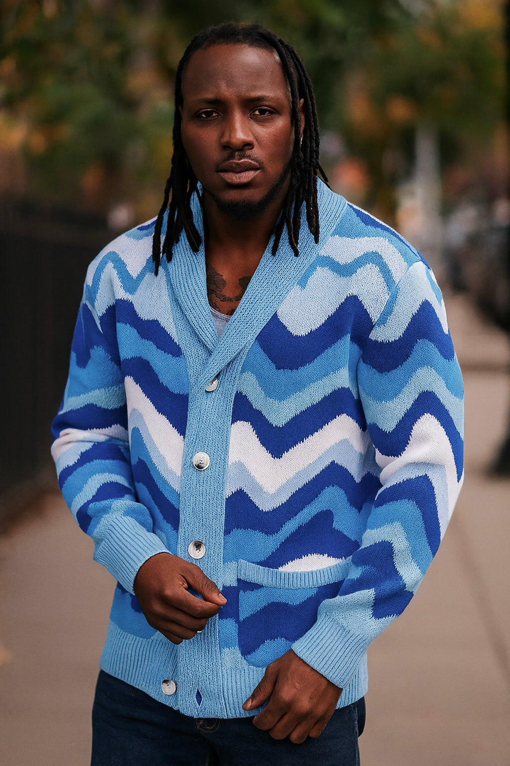 Brooks Shawl Cardigan (Blue/White) OIM