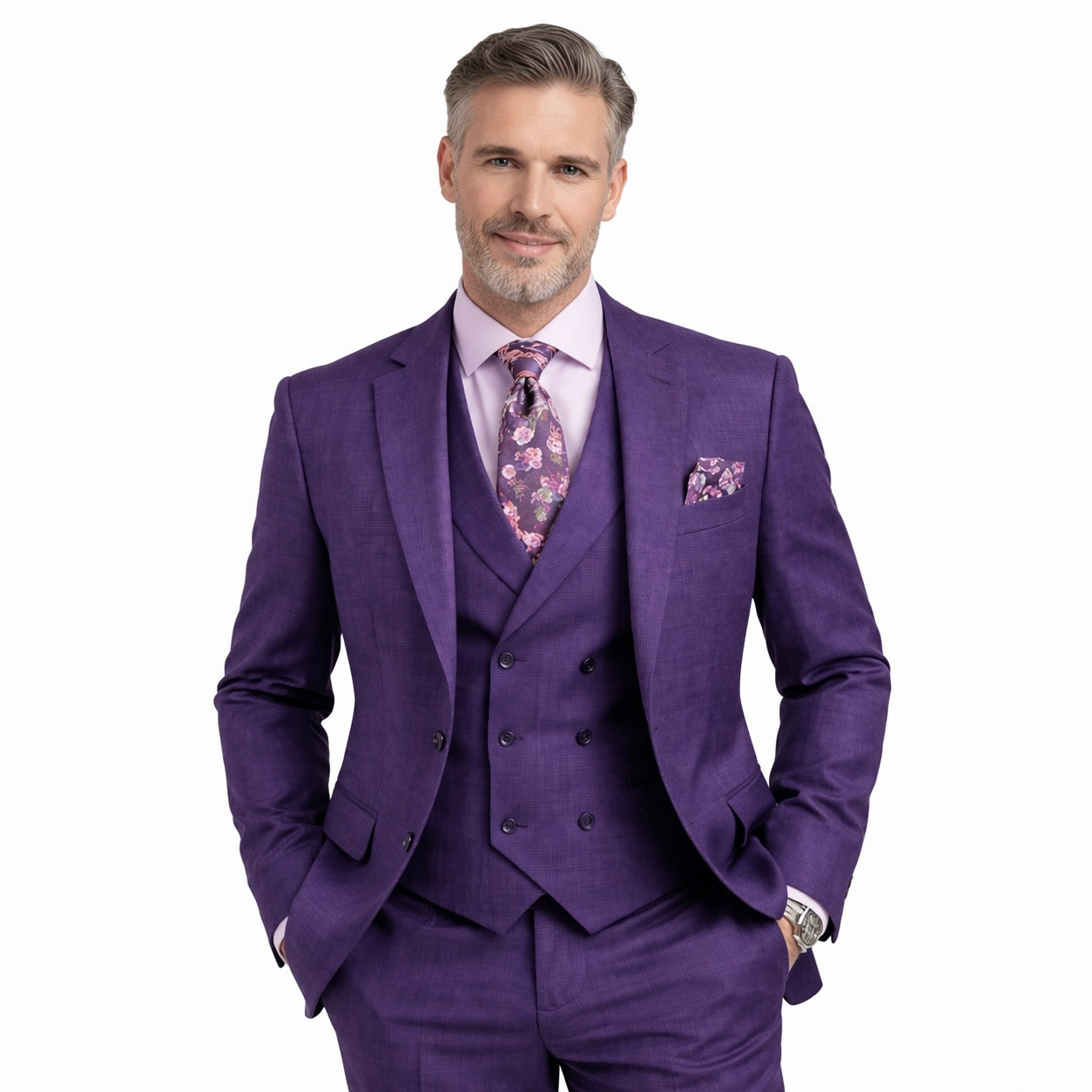 Mens Purple Windowpane Regular Fit 3 Piece Suit with Double Breasted Vest - V2RW 13