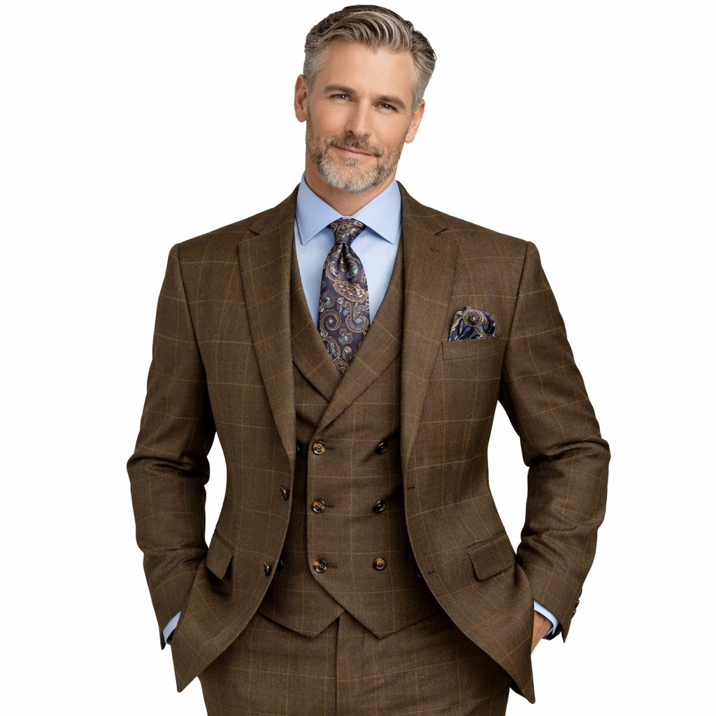 Mens Taupe Windowpane Regular Fit 3 Piece Suit with Double Breasted Vest - V2RW 13