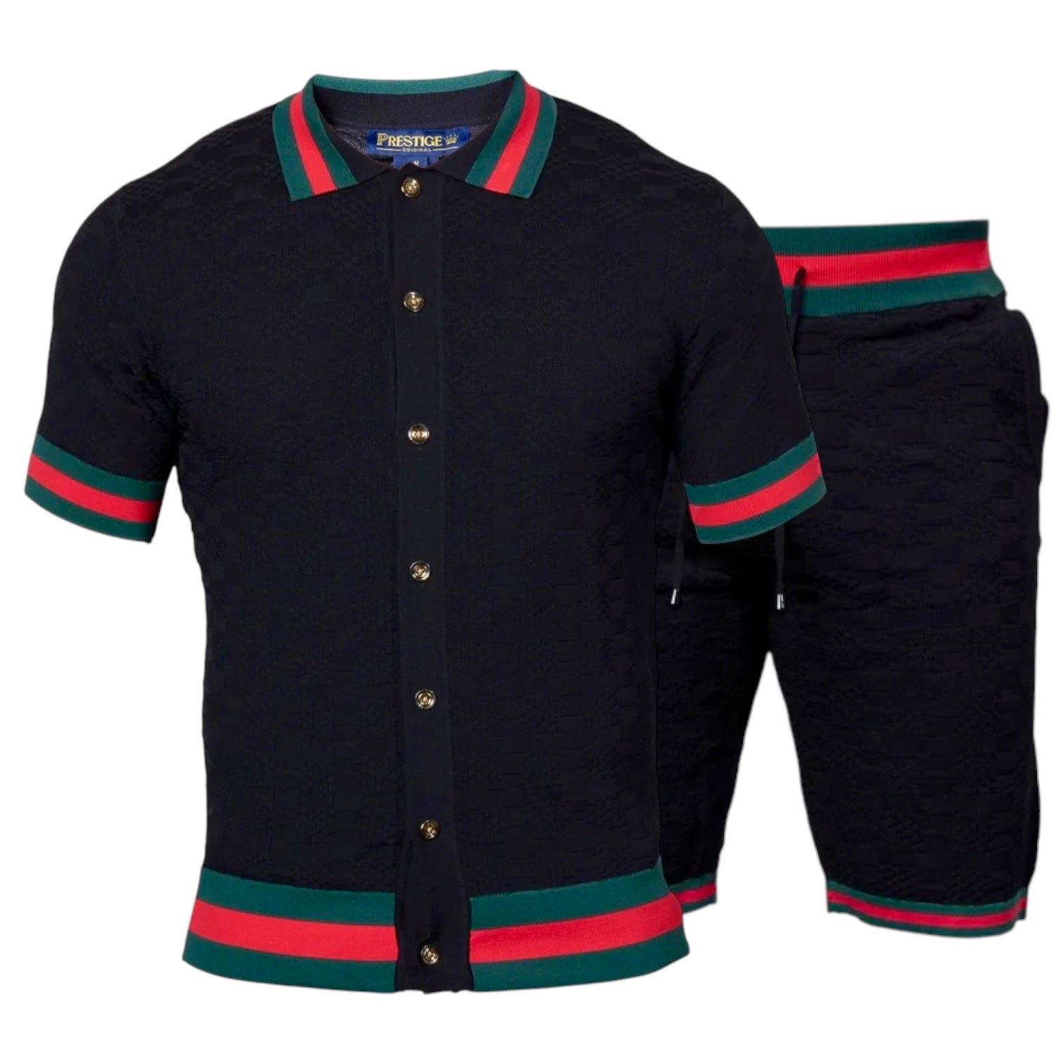 Prestige Men’s Knit Short Set – Signature Stripe Trim Black